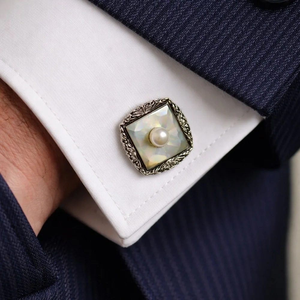 Vintage Sterling Mother of Pearl & Pearl Cufflinks + Tie Bar Set